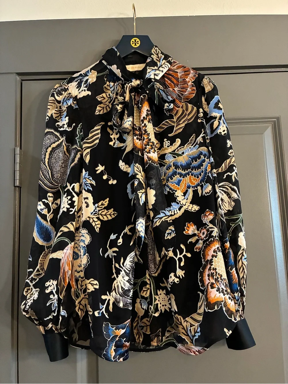 Tory Burch Black Floral Tie-Neck Blouse with Blue, Cream & Orange Accents